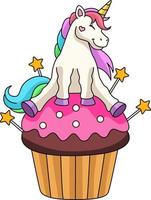 unicorno seduto su un clipart cartone animato cupcake vettore