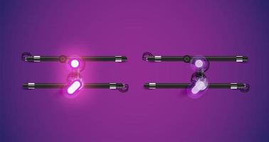 Accensione e spegnimento di caratteri al neon viola luminosi realistici vettore