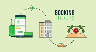 illustrazione vettoriale applicazione online per la prenotazione del biglietto tramite smartphone.