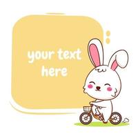 simpatico personaggio dei cartoni animati di coniglietto in bicicletta. personaggio piatto in stile disegnato a mano vettore