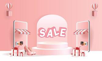 arte della carta shopping online su smartphone e nuova promozione di acquisto vendita backgroud rosa per il concetto di donne e-commerce mercato banner. vettore
