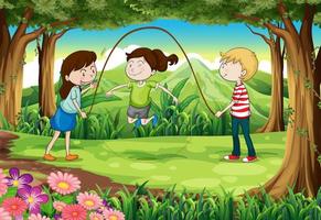 Tre bambini che giocano con una corda in mezzo alla foresta vettore