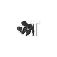 icona del logo della lettera t con una persona che tiene il vettore di progettazione del bilanciere