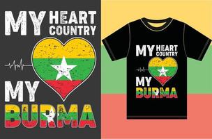 il mio cuore, il mio paese, il mio design della maglietta con la bandiera birmana. vettore
