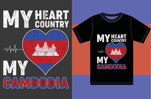 il mio cuore, il mio paese, il mio design della maglietta con la bandiera cambogia.cambogia vettore