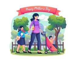 madre che tiene per mano sua figlia e porta un bambino in un passeggino che cammina nel parco cittadino. Buona festa della mamma. illustrazione vettoriale in stile piatto
