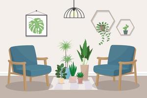 un soggiorno con due poltrone e piante da appartamento, un tappeto sul pavimento, mensole e un poster alle pareti. vettore