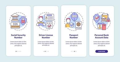 schermata dell'app mobile per l'onboarding di dati altamente sensibili. procedura dettagliata di fiducia pagine di istruzioni grafiche in 4 passaggi con concetti lineari. ui, ux, modello gui. sono stati utilizzati una miriade di caratteri normali in grassetto vettore