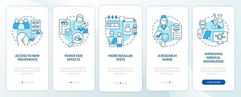 vantaggi degli studi clinici schermata dell'app mobile di onboarding blu. ricerca dettagliata 5 passaggi pagine di istruzioni grafiche con concetti lineari. ui, ux, modello gui. sono stati utilizzati una miriade di caratteri normali in grassetto vettore