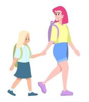 andare a scuola insieme illustrazione vettoriale a colori rgb semi-piatta. sorelle con zaini isolato personaggio dei cartoni animati su sfondo bianco