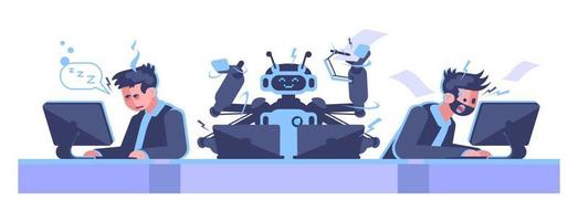 robot più produttivi dei lavoratori umani illustrazione vettoriale a colori rgb semi-piatta. ambiente di lavoro personaggi dei cartoni animati isolati su sfondo bianco