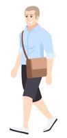 ragazzo che indossa abbigliamento casual semi piatto colore rgb illustrazione vettoriale. uomo che cammina con il personaggio dei cartoni animati isolato borsa a tracolla su sfondo bianco