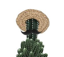 carino cactus con cappello di paglia e baffi. vettore