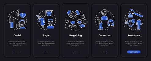 fasi di divorzio modalità notte onboarding schermo dell'app mobile. procedura dettagliata 5 passaggi pagine di istruzioni grafiche con concetti lineari. ui, ux, modello gui. sono stati utilizzati una miriade di caratteri normali in grassetto vettore