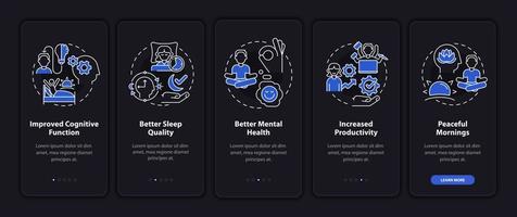 svegliarsi presto vantaggi modalità notte onboarding schermo dell'app mobile. guida all'energia 5 passaggi pagine di istruzioni grafiche con concetti lineari. ui, ux, modello gui. sono stati utilizzati una miriade di caratteri normali in grassetto vettore