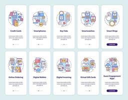 set di schermate dell'app mobile per l'onboarding del pagamento contactless. touchless walkthrough 5 passaggi istruzioni grafiche pagine con concetti lineari. ui, ux, modello gui. sono stati utilizzati una miriade di caratteri normali in grassetto vettore