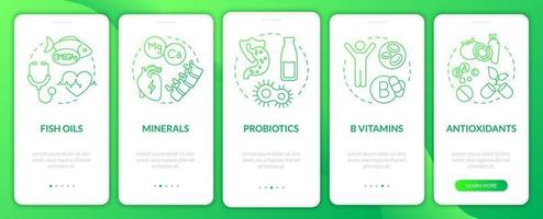 integratori alimentari sfumatura verde onboarding schermo dell'app mobile. pasti guida passo passo istruzioni grafiche pagine con concetti lineari. ui, ux, modello gui. sono stati utilizzati una miriade di caratteri normali in grassetto vettore