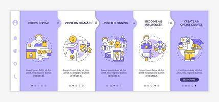 modi per generare denaro modello vettoriale di onboarding online. sito web mobile reattivo con icone. procedura dettagliata della pagina web in 5 schermate. diventa un concetto di colore influencer con illustrazioni lineari