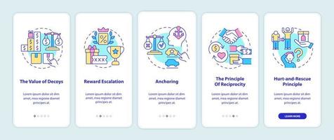 regole di neuromarketing onboarding schermata della pagina dell'app mobile. procedura dettagliata del principio del dolore e del salvataggio 5 passaggi istruzioni grafiche con concetti. modello vettoriale ui, ux, gui con illustrazioni a colori lineari