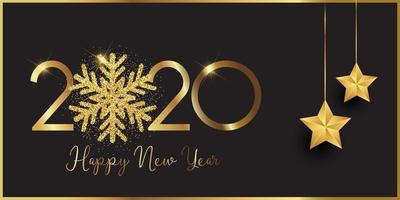 Banner di felice anno nuovo con fiocco di neve scintillante e stelle pendenti vettore