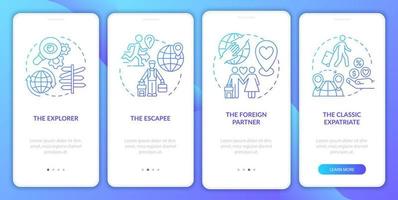 tipi di espatriati schermata della pagina dell'app mobile onboarding gradiente blu. trasferirsi all'estero motivi procedura dettagliata 4 passaggi istruzioni grafiche con concetti. modello vettoriale ui, ux, gui con illustrazioni a colori lineari