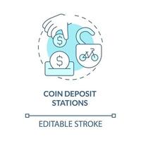 icona blu del concetto di stazioni di deposito di monete. illustrazione della linea sottile dell'idea astratta della categoria di condivisione della bicicletta. noleggio bici a breve termine. accesso alle monete. disegno a colori di contorno isolato vettoriale. tratto modificabile vettore