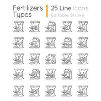 set di icone lineari di fertilizzanti. integratori organici e chimici. additivi per il suolo. crescita in aumento. simboli di contorno a linea sottile personalizzabili. illustrazioni di contorno vettoriale isolate. tratto modificabile