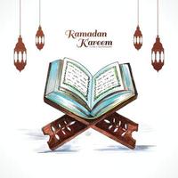 libro sacro del Corano sul supporto con lampade arabe sfondo carta ramadan kareem vettore