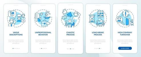 segnali di pericolo nel colloquio di reclutamento schermata blu dell'app mobile di onboarding. procedura dettagliata 5 passaggi pagine di istruzioni grafiche con concetti lineari. ui, ux, modello gui. sono stati utilizzati una miriade di caratteri normali in grassetto vettore