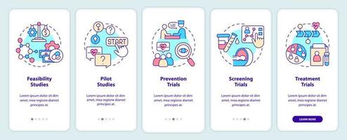 tipi di studi clinici che integrano la schermata dell'app mobile. guida alla ricerca 5 passaggi pagine di istruzioni grafiche con concetti lineari. ui, ux, modello gui. sono stati utilizzati una miriade di caratteri normali in grassetto vettore