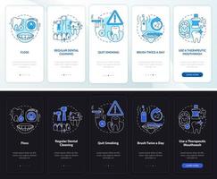 trattamento delle malattie gengivali modalità notte e giorno onboarding schermo dell'app mobile. procedura dettagliata 5 passaggi pagine di istruzioni grafiche con concetti lineari. ui, ux, modello gui. sono stati utilizzati una miriade di caratteri normali in grassetto vettore