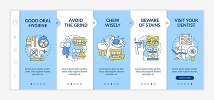 modello di onboarding blu dopo la cura delle faccette dentali. attenzione alle macchie. sito Web mobile reattivo con icone concettuali lineari. procedura dettagliata della pagina web in 5 schermate. lato-grassetto, caratteri regolari utilizzati vettore