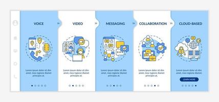 ucaas funziona con il modello di onboarding blu e bianco. sistema di comunicazione. sito Web mobile reattivo con icone concettuali lineari. procedura dettagliata della pagina web in 5 schermate. lato-grassetto, caratteri regolari utilizzati vettore