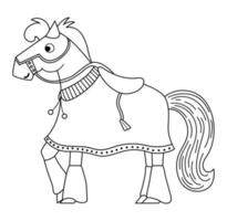 cavallo da favola in bianco e nero con coperta e sella. animale guerriero corazzato della linea fantasy. icona del fumetto da favola con carattere medievale o pagina da colorare. vettore