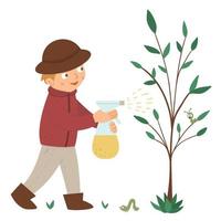 illustrazione vettoriale di un ragazzo che spruzza l'albero per i bruchi isolati su sfondo bianco. ragazzo carino che fa lavori in giardino. immagine di attività di giardinaggio primaverile con personaggio divertente.