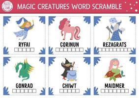 pagina di attività di scramble di parole da favola vettoriale. gioco in lingua inglese con drago, sirena, unicorno per bambini. quiz per famiglie in vacanza con creature fantastiche. semplice foglio di lavoro educativo stampabile. vettore