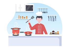 personaggio dei cartoni animati chef professionista che cucina illustrazione con diversi vassoi e cibo per servire cibo delizioso fatto in cucina adatto per poster