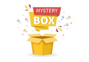 scatola regalo misteriosa con scatola di cartone aperta all'interno con un punto interrogativo, un regalo fortunato o un'altra sorpresa in un'illustrazione piatta in stile cartone animato vettore