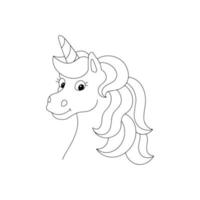 unicorno con una criniera lussureggiante. pagina del libro da colorare per bambini. personaggio in stile cartone animato. illustrazione vettoriale isolato su sfondo bianco.