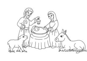 scena della Natività. pagina del libro da colorare per bambini. personaggio in stile cartone animato. illustrazione vettoriale isolato su sfondo bianco.