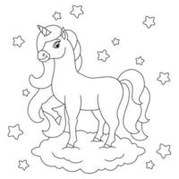 un bellissimo unicorno sta su una nuvola. pagina del libro da colorare per bambini. personaggio in stile cartone animato. illustrazione vettoriale isolato su sfondo bianco.