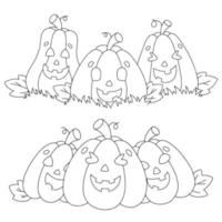 una serie di zucche ridenti. pagina del libro da colorare per bambini. personaggio in stile cartone animato. illustrazione vettoriale isolato su sfondo bianco. tema di halloween.