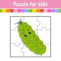 gioco di puzzle per bambini. cetriolo vegetale. pezzi di puzzle. foglio di lavoro a colori. pagina delle attività. illustrazione vettoriale isolata. stile cartone animato.