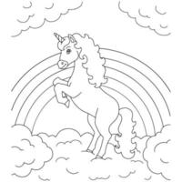 unicorno su una nuvola. pagina del libro da colorare per bambini. personaggio in stile cartone animato. illustrazione vettoriale isolato su sfondo bianco.