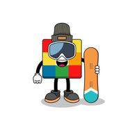 mascotte cartone animato di cubo puzzle giocatore di snowboard vettore