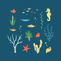 set di animali marini della barriera corallina - cavalluccio marino, stelle marine, vongole, conchiglie vettore