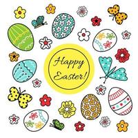 illustrazione vettoriale colorato carino - uova, fiori e farfalle per carte di pasqua, adesivi