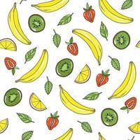 Reticolo senza giunte estivo con frutti tropicali - kiwi, banane, limoni su sfondo bianco. divertenti cartoni animati di frutta, fragole e foglie per bambini stampe o tessuti da cucina vettore