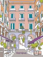 illustrazione vettoriale disegnata a mano barcellona, spagna schizzo. illustrazione di strada di scena. schizzo di linea di inchiostro disegnato a mano in stile contorno. caffè nella zona vecchia di Barcellona. semplice schizzo urbano per cartoline