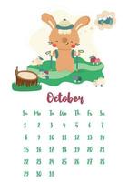 calendario vettoriale verticale per ottobre 2023 con simpatico cartone animato coniglio viaggiatore che fa un'escursione nei boschi. l'anno del coniglio secondo il calendario cinese, simbolo del 2023. la settimana inizia di domenica.